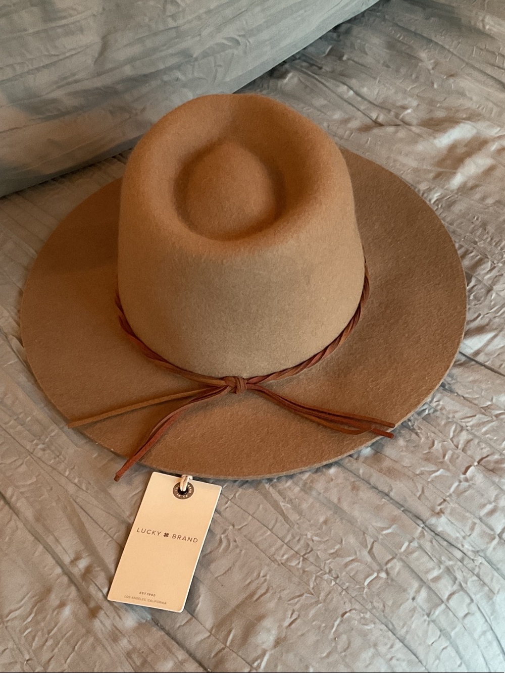 Lucky Brand Camel Felt Wide-Brim Fedora with Leather Tie